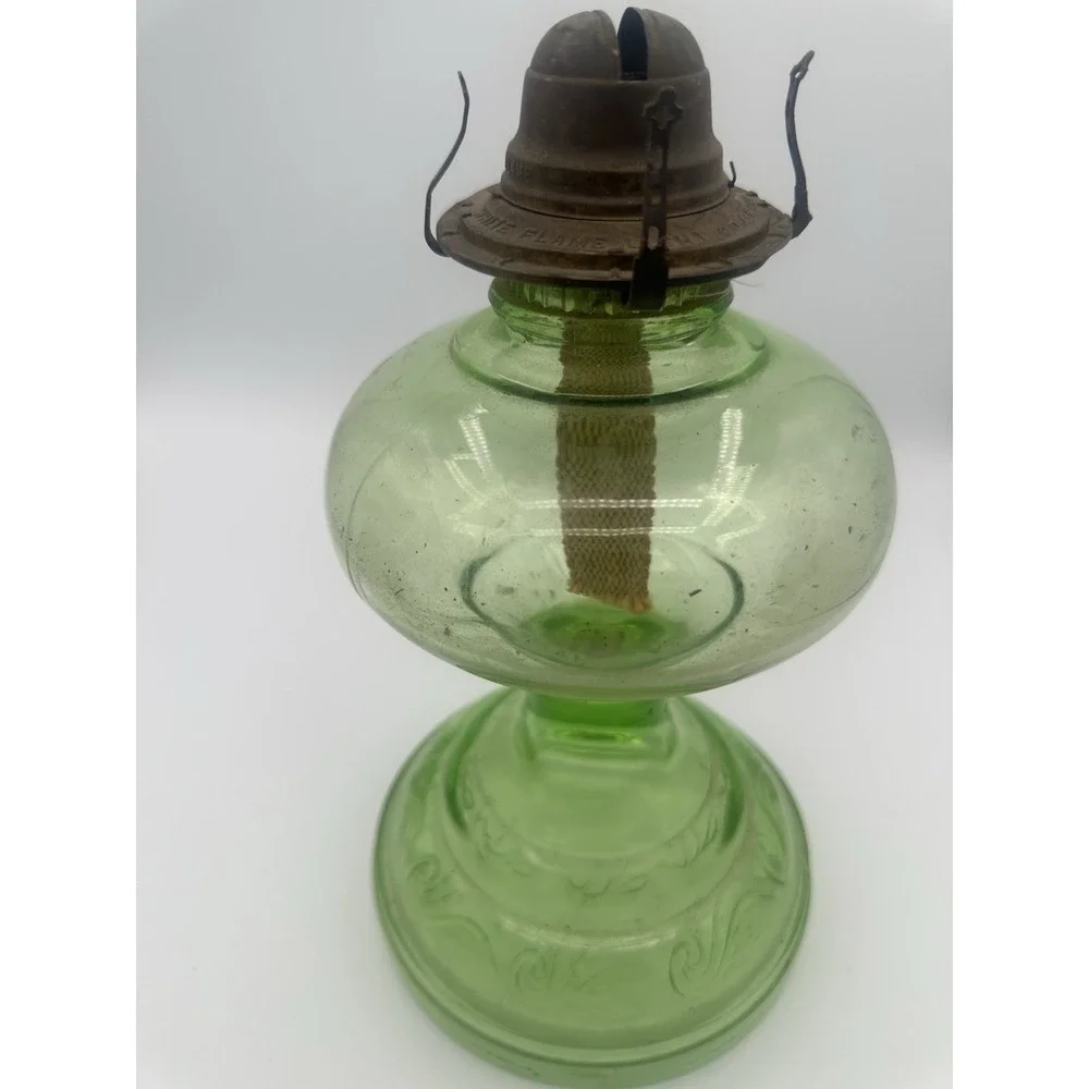 Antique Uranium Glass Depression Glass Oil Lamp W/Wedding Scroll Pattern 20
